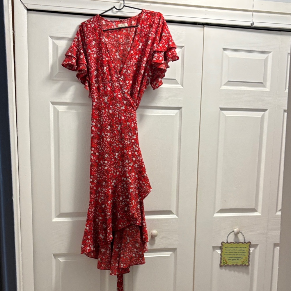 Max Studio Red Floral Asymmetrical Wrap Dress
